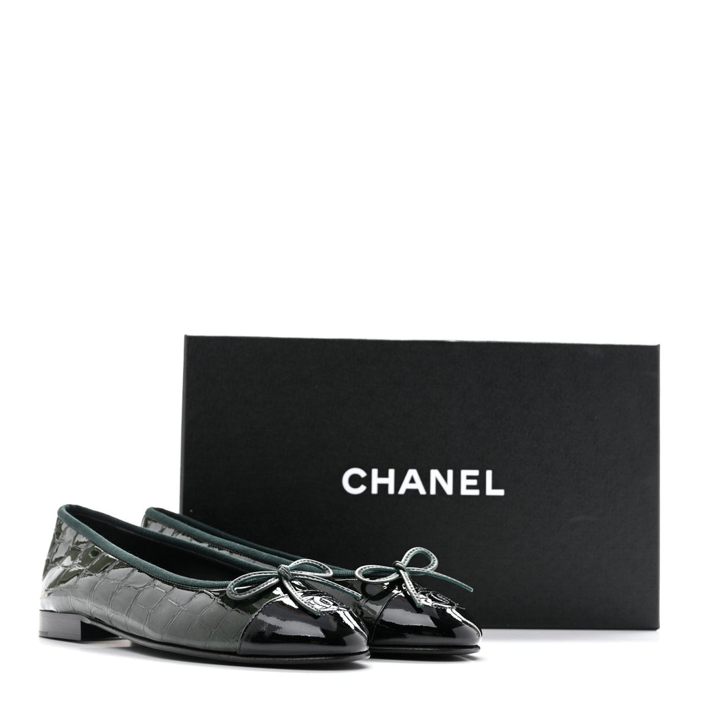 Crocodile Embossed Patent Calfskin Cap Toe CC Ballerina Flats 35.5 Dark Green Black