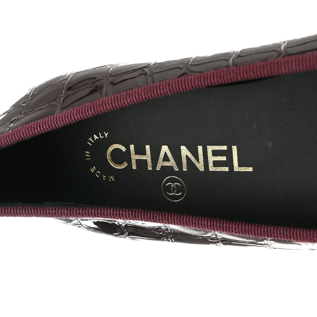 Patent Calfskin Crocodile Embossed Ballerina Flats 37.5 Dark Burgundy Black