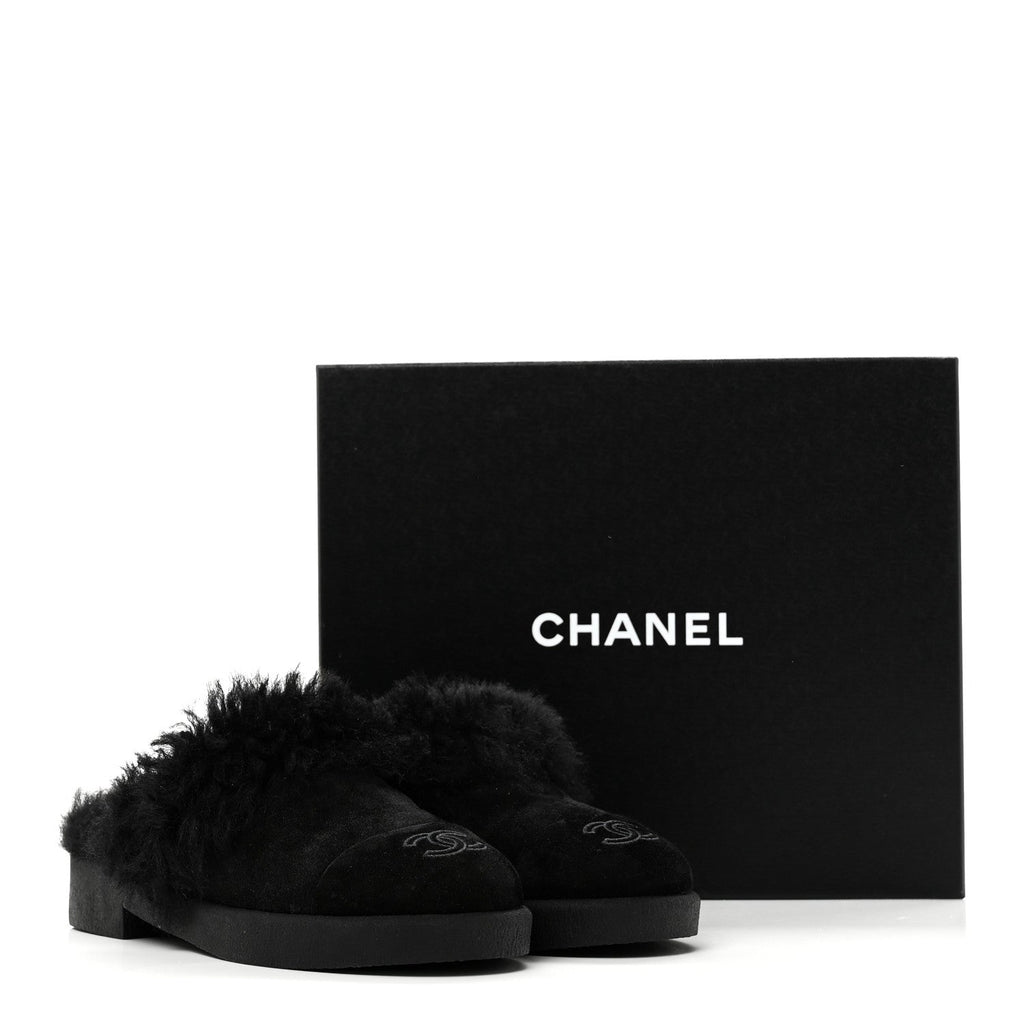Suede Shearling CC Cap Toe Mules 36 Black