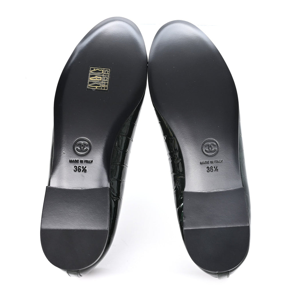 Crocodile Embossed Patent Calfskin Ballet Flats 36.5 Dark Green Black