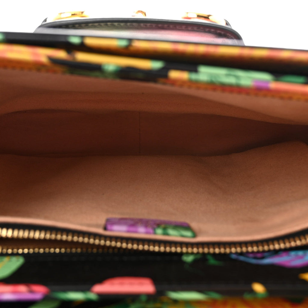 X KEN SCOTT New Shangai Calfskin Jenny Floral Print Horsebit 1955 Shoulder Bag Black Pink