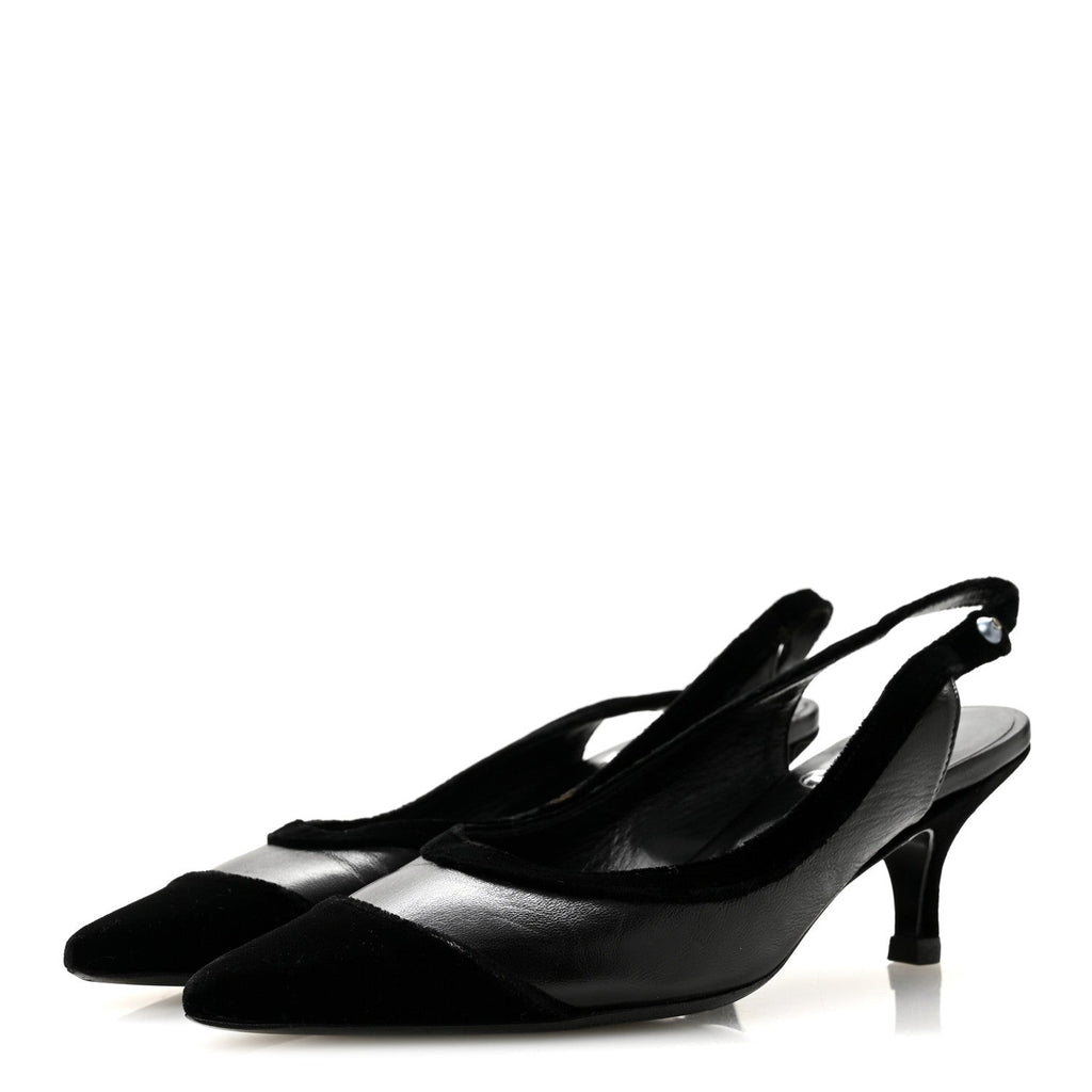 Velvet Lambskin Pearl CC Slingback Pumps 36 Black