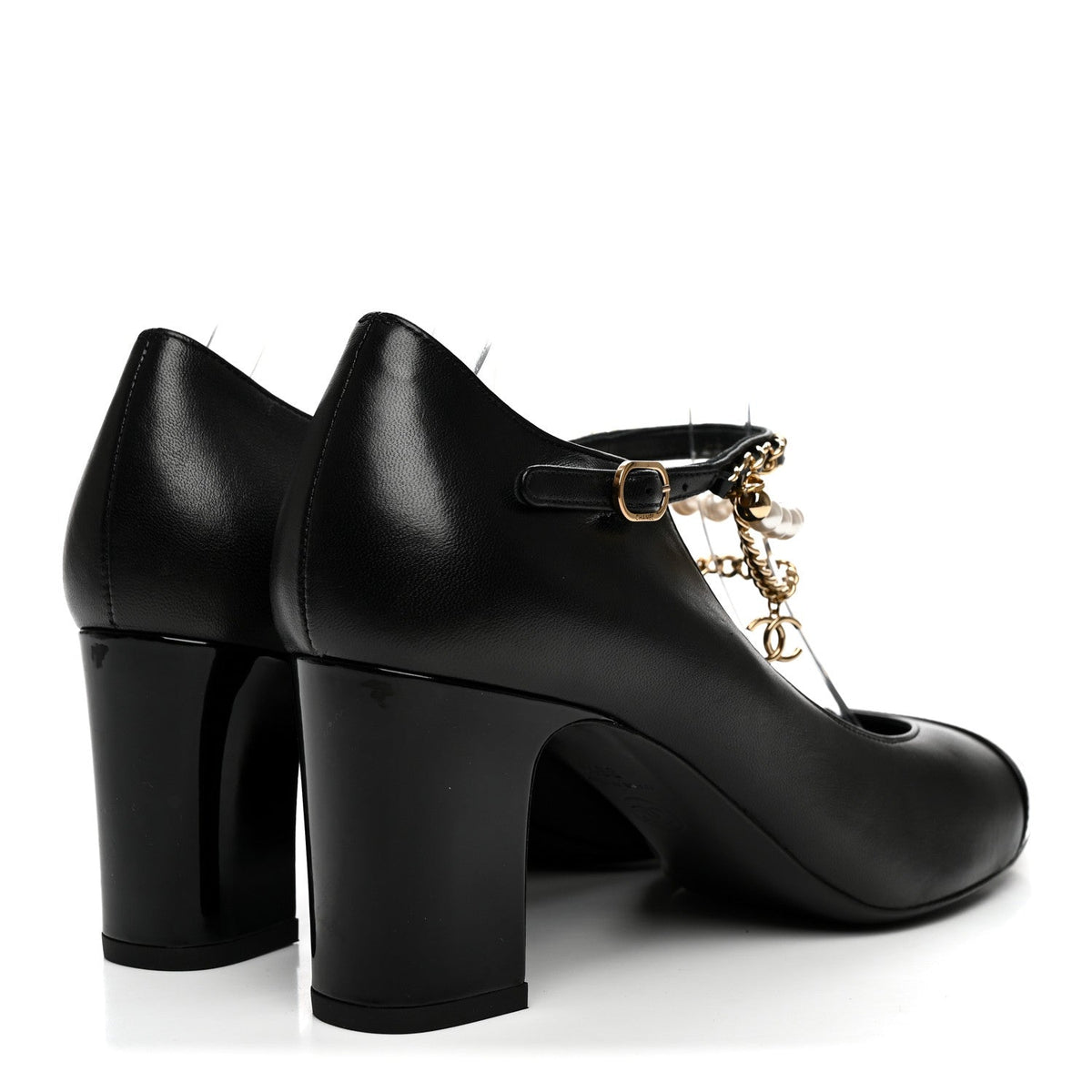 Shiny Lambskin Patent Calfskin Cap Toe Ankle Pearl Chain Pumps 39.5 Black
