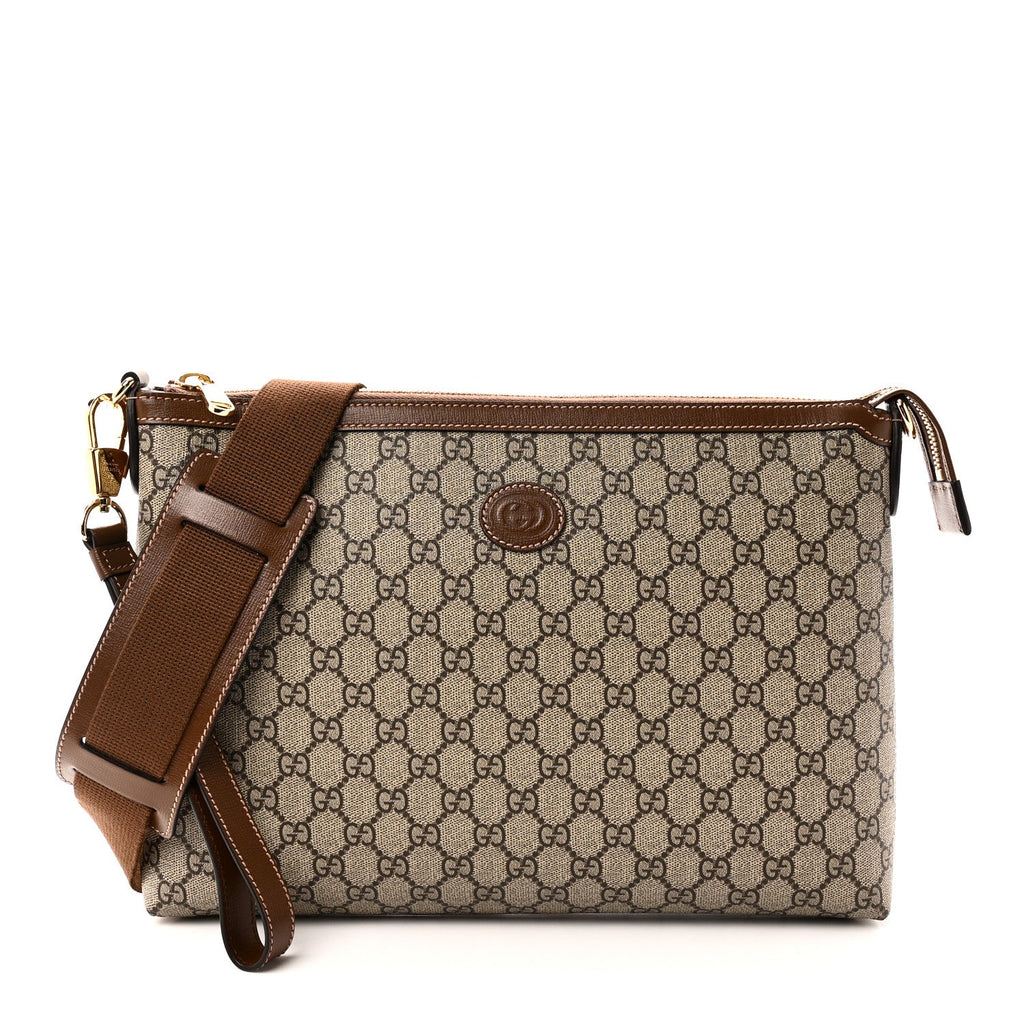 GG Supreme Monogram Azalea Calfskin Retro Interlocking G Wristlet Messenger Bag Beige Ebony Brown Sugar