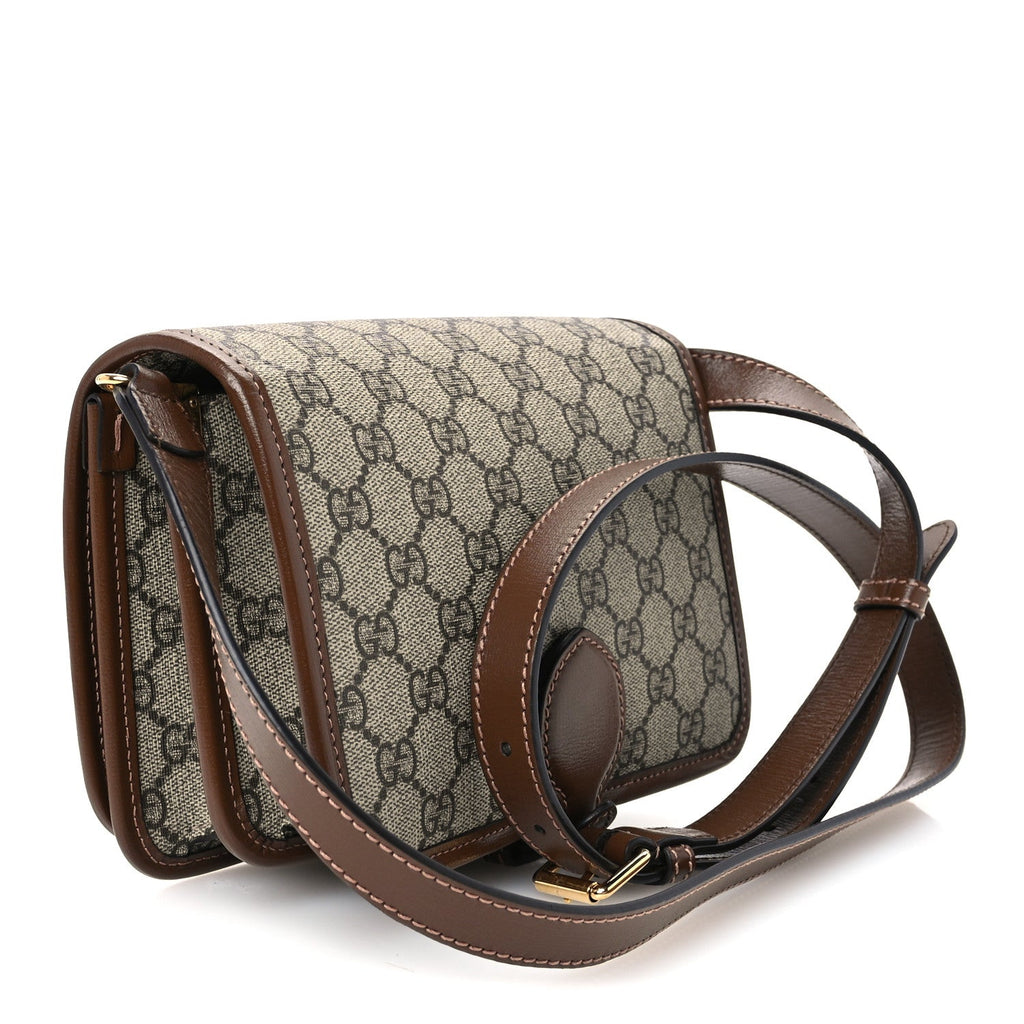 GG Supreme Monogram Azalea Calfskin Mini Retro Interlocking G Flap Shoulder Bag Beige Ebony Brown Sugar