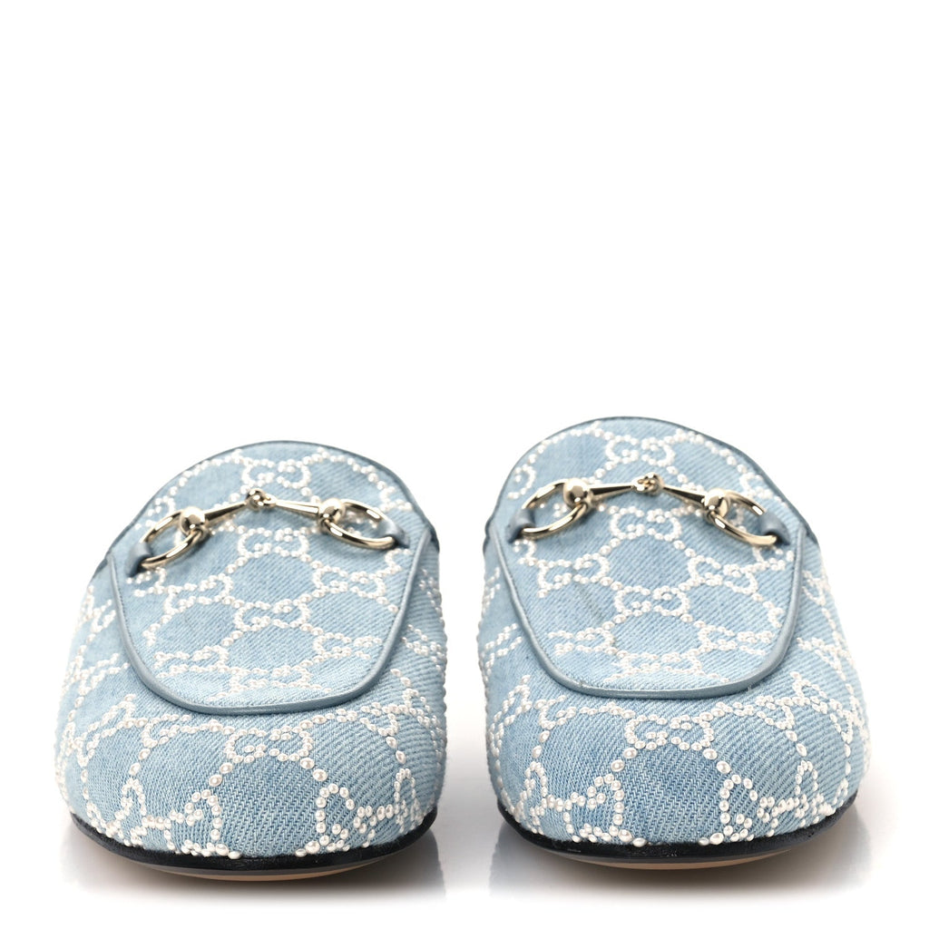 GG Denim Monogram Pearl Womens Princetown Slippers 37 Light Blue