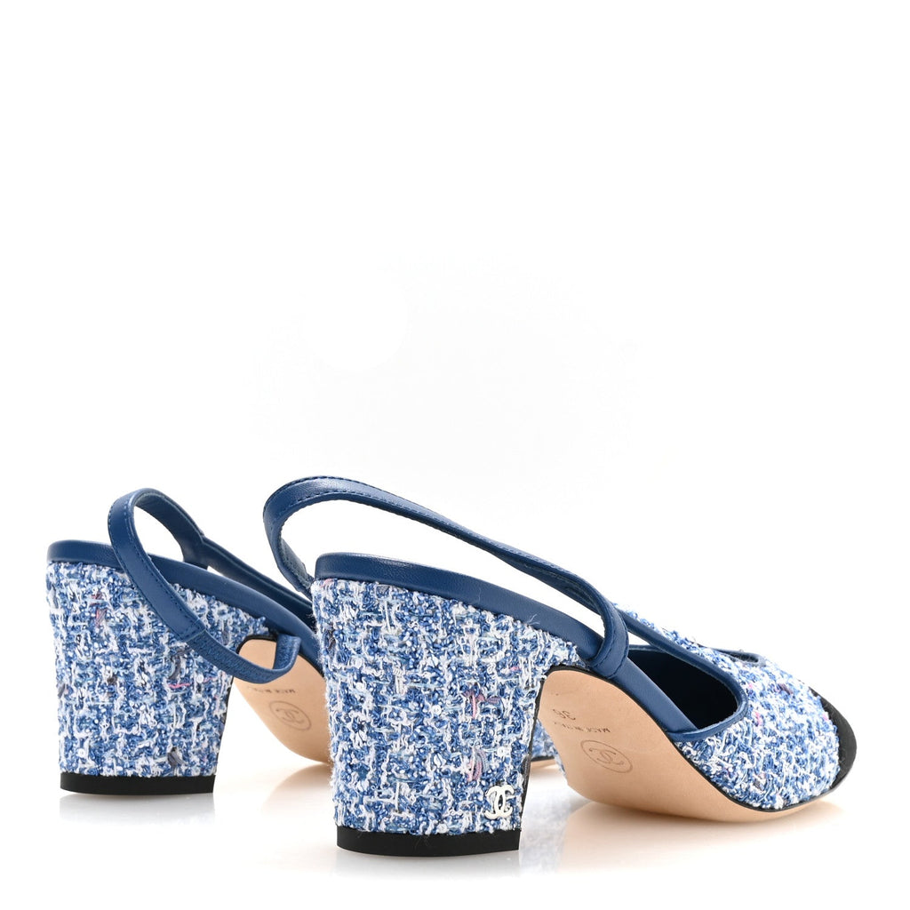 Tweed Grosgrain Cap Toe CC Slingback Pumps 36 Blue White Black