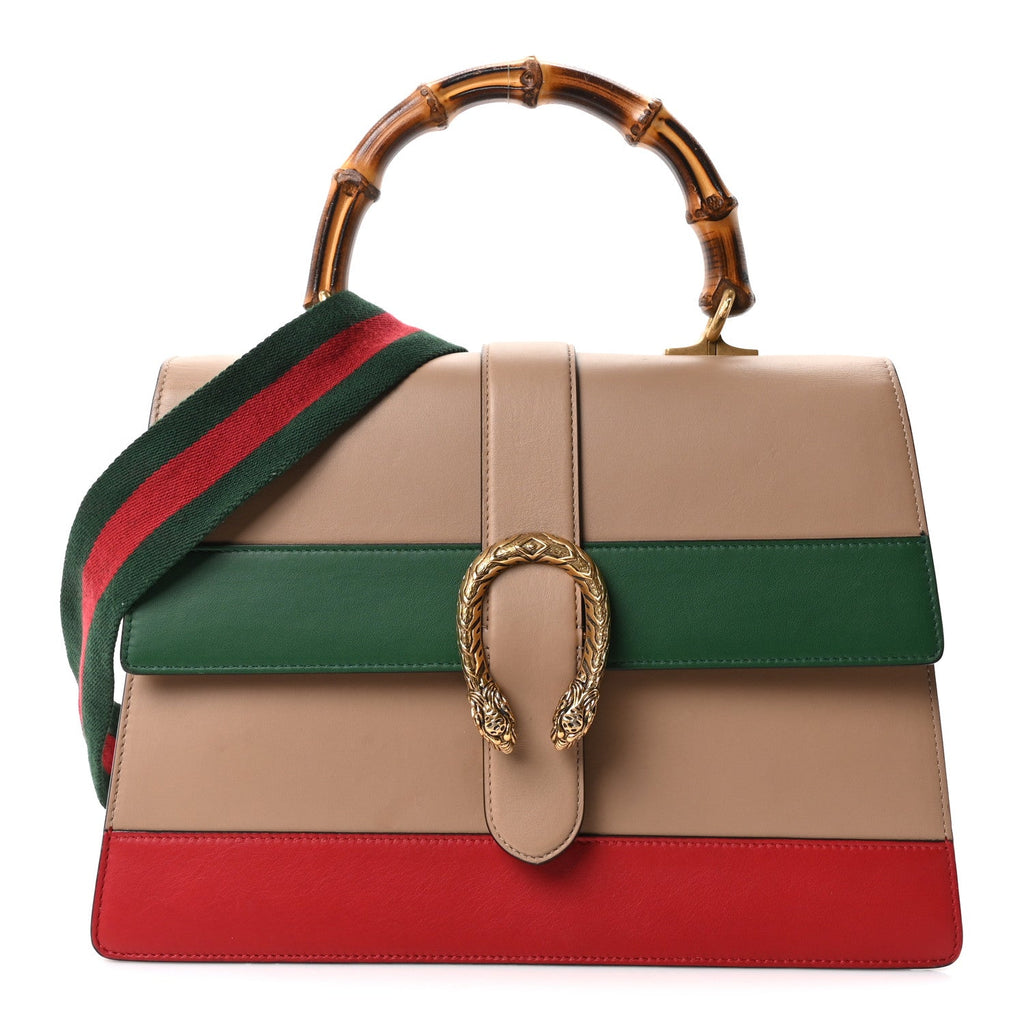 Moon Calfskin Web Large Dionysus Bamboo Top Handle Bag Camelia Bright Evergreen Hibiscus Red