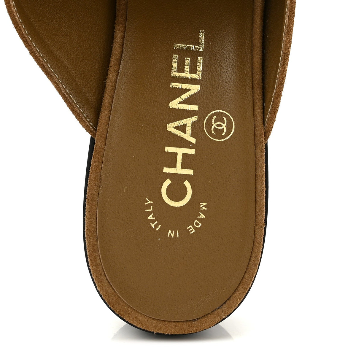 Suede Calfskin CC Turn Lock Mules 40 Dark Beige