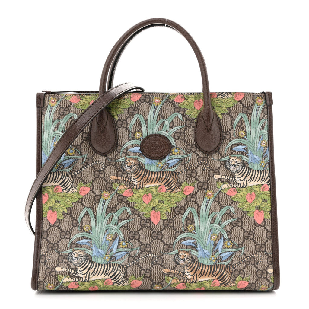 GG Supreme Monogram Tiger Savanah Textured Dollar Calfskin Small Retro Interlocking G Tote Bag Beige Ebony Multicolor New Acero