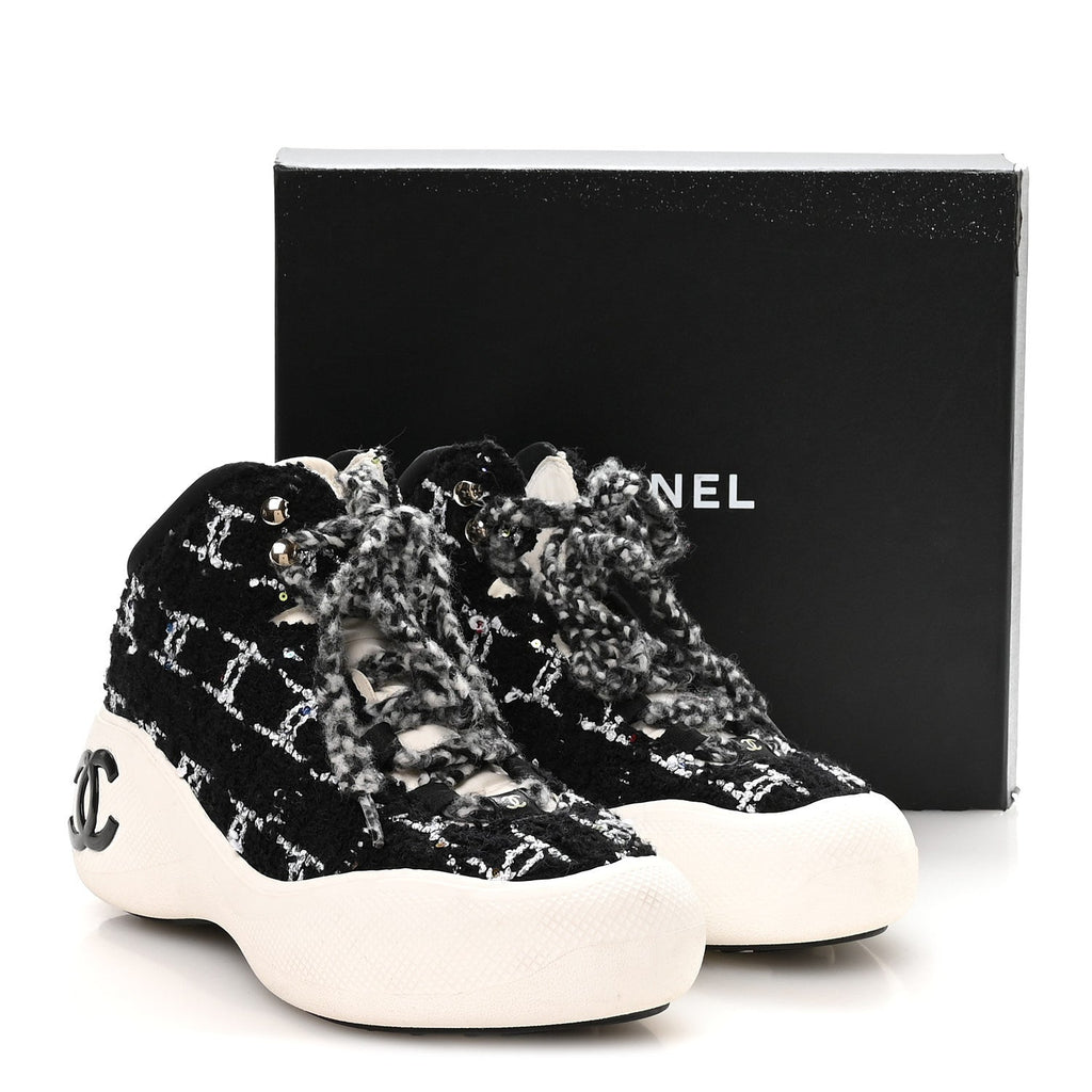Tweed Sequins CC Lace Up Ankle Snow Boots 40 Black White