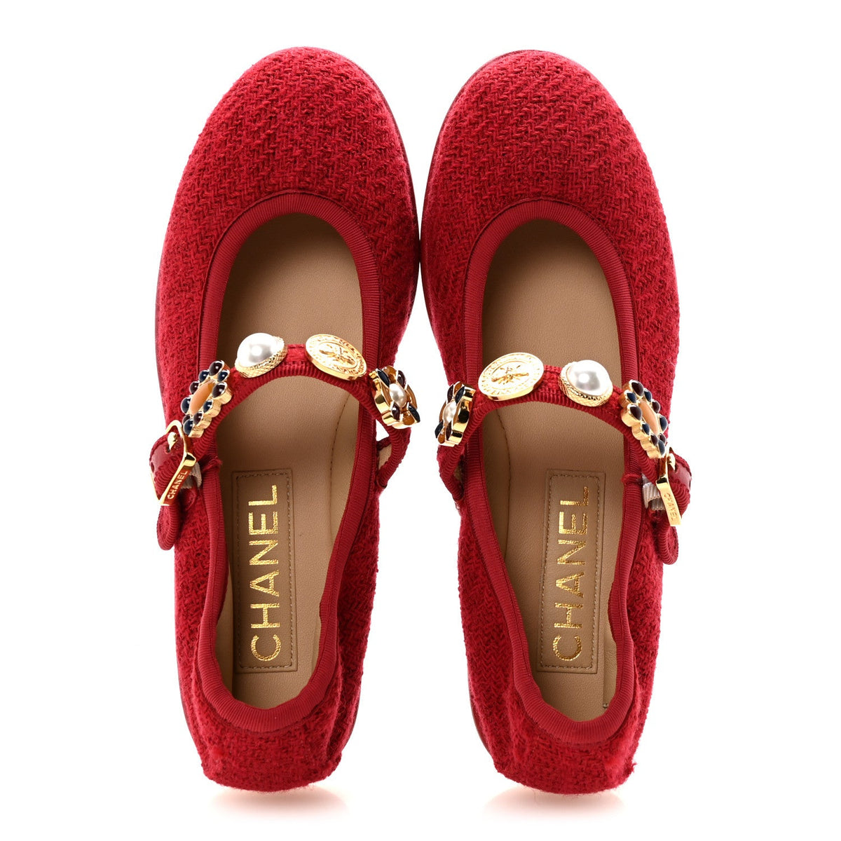 Wool Tweed Patent Mary Jane Flats 36 Red