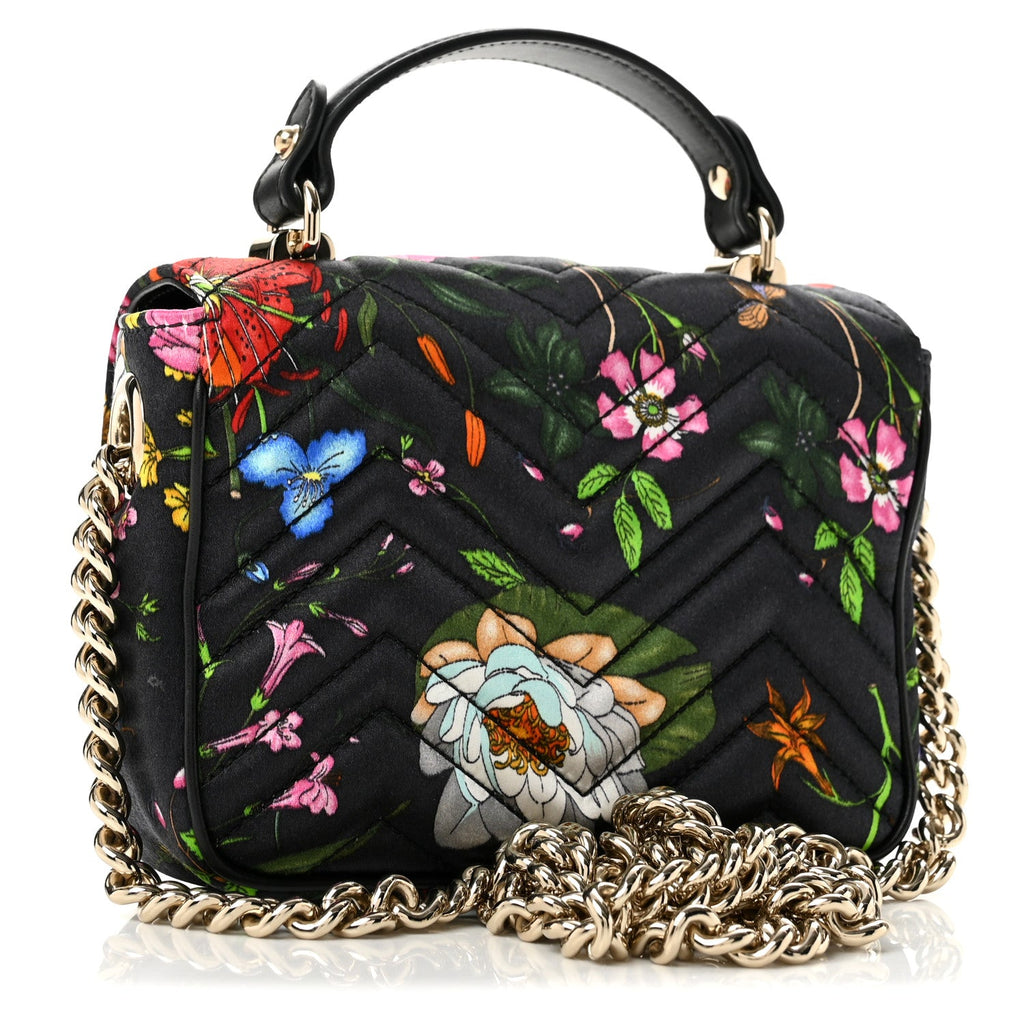Silk Matelasse Floral Mini GG Marmont Top Handle Bag Black