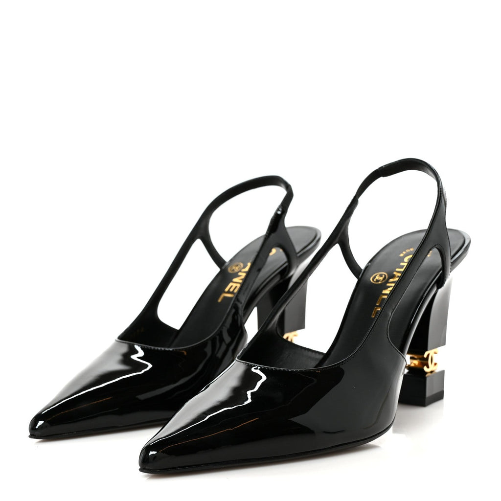 Patent Calfskin Slingback CC Cutout Pumps 38 Black
