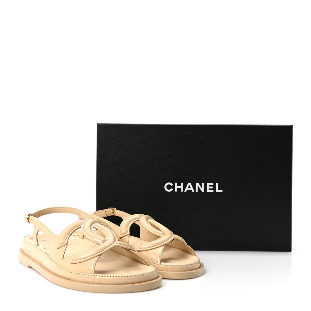 Shiny Crumpled Lambskin CC Cut Out Sandals 38 Beige