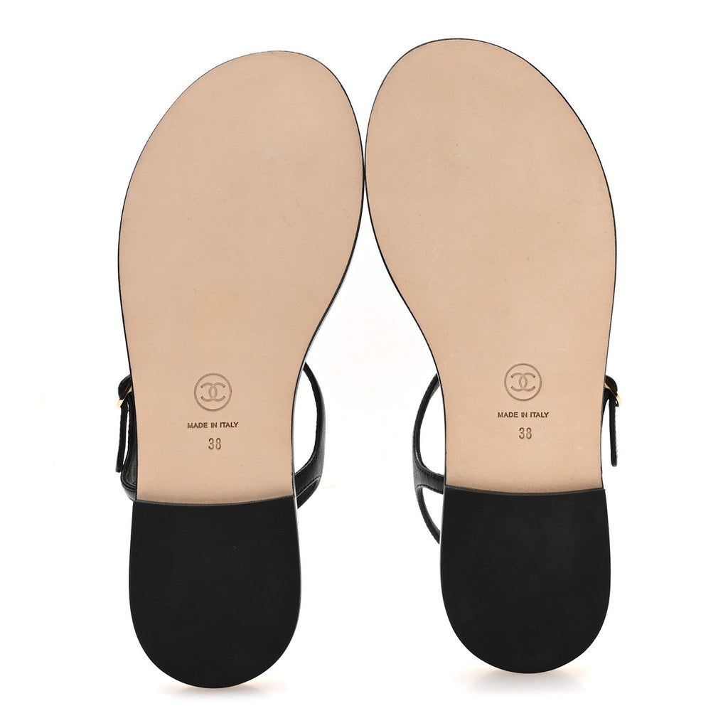 Lambskin CC Thong Sandals 38.5 Black Gold