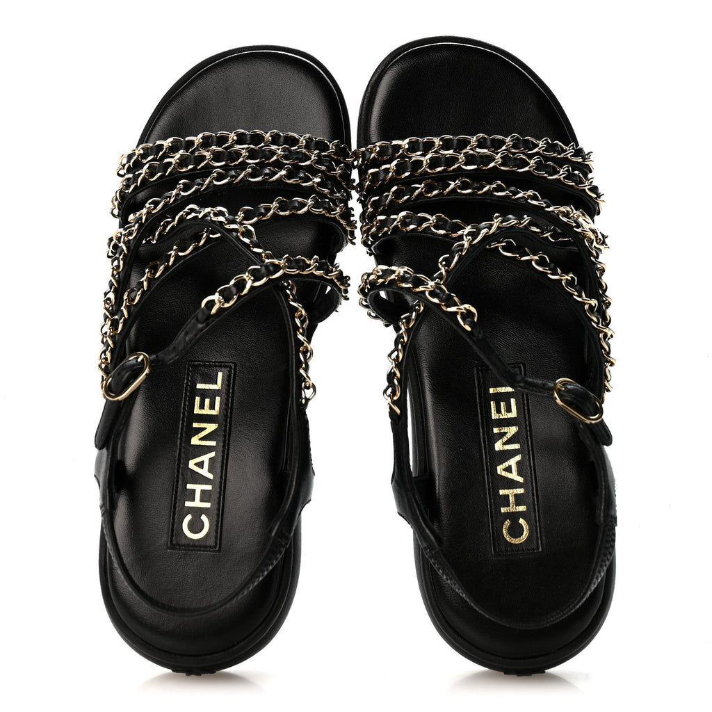 Lambskin Metal Chain Ankle Strap Sandals 36.5 Black