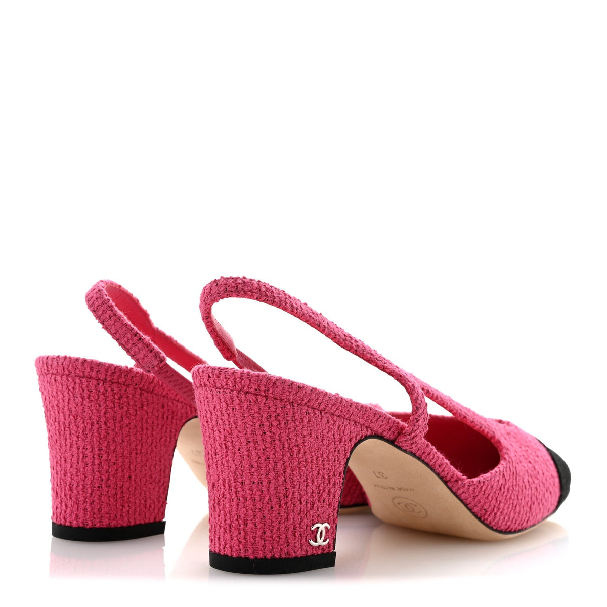 Tweed Grosgrain Cap Toe CC Slingback Pumps 37 Pink Black