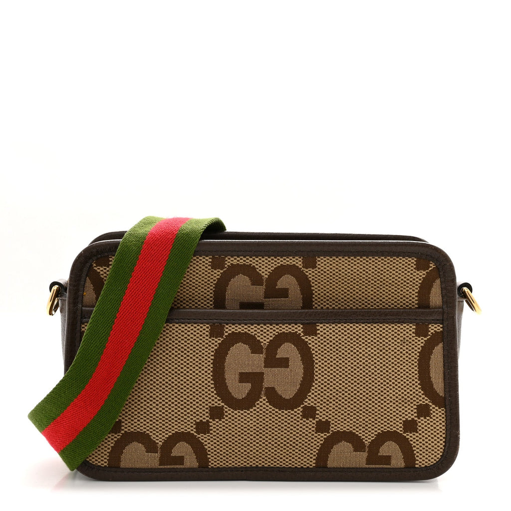 Monogram Jumbo GG Textured Dollar Calfskin Web Mini Crossbody Bag Camel Ebony New Acero
