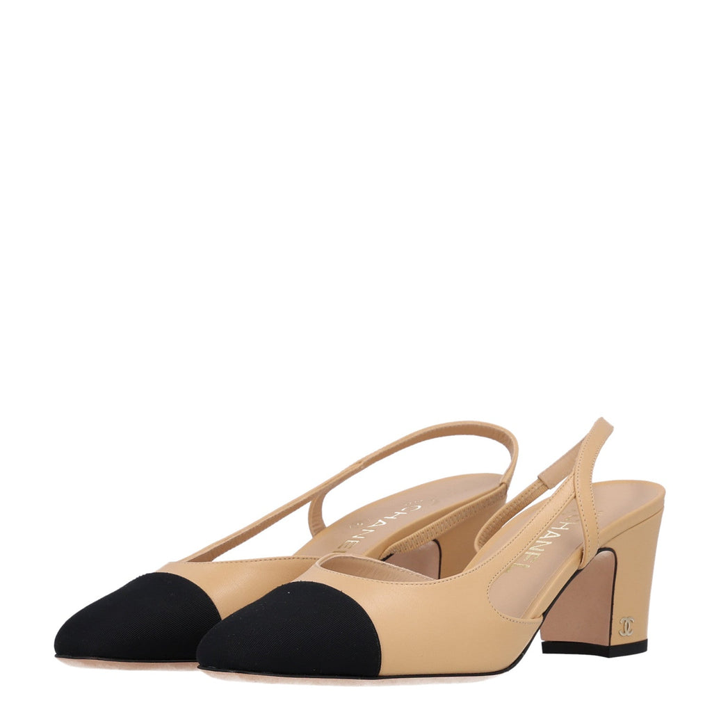 Goatskin Grosgrain Cap Toe CC Slingback Pumps 40 Beige Black