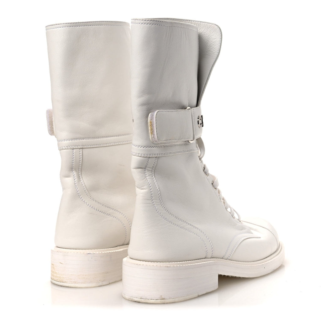 Calfskin Lace Up Logo Mid Calf Combat Boots 38.5 White Black