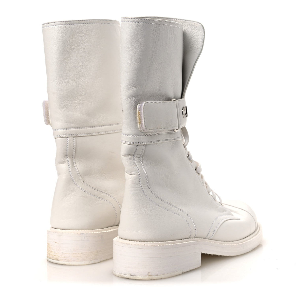Calfskin Lace Up Logo Mid Calf Combat Boots 38.5 White Black
