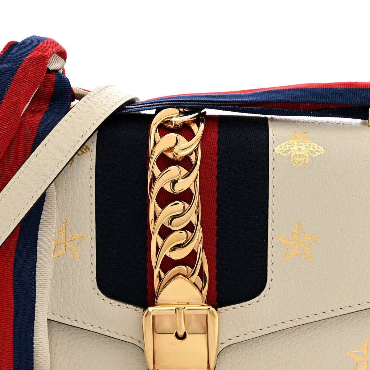 Textured Calfskin Bee Star Print Small Sylvie Shoulder Bag Mystic White
