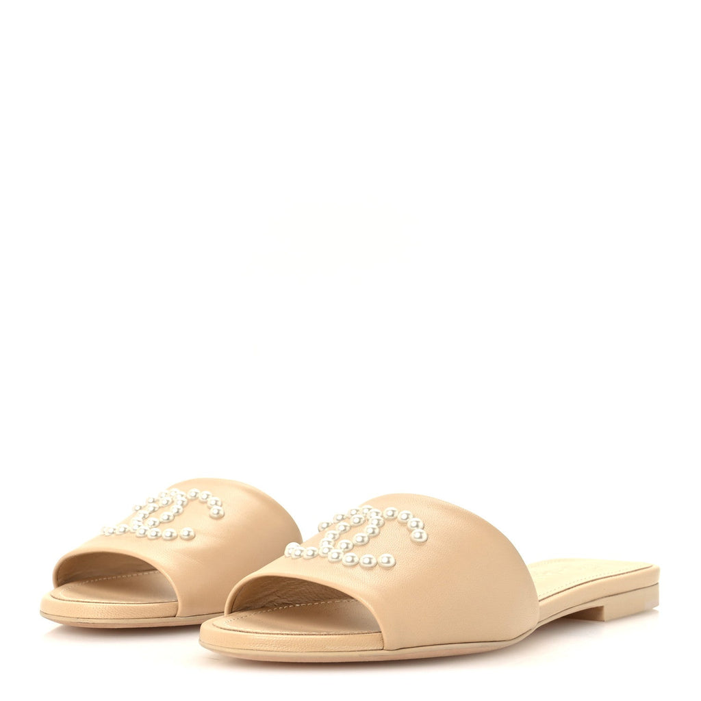Lambskin Pearl CC Sandals 36 Beige