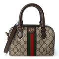 GG Supreme Monogram Textured Dollar Calfskin Web Mini Ophidia Top Handle Bag Beige Ebony New Acero
