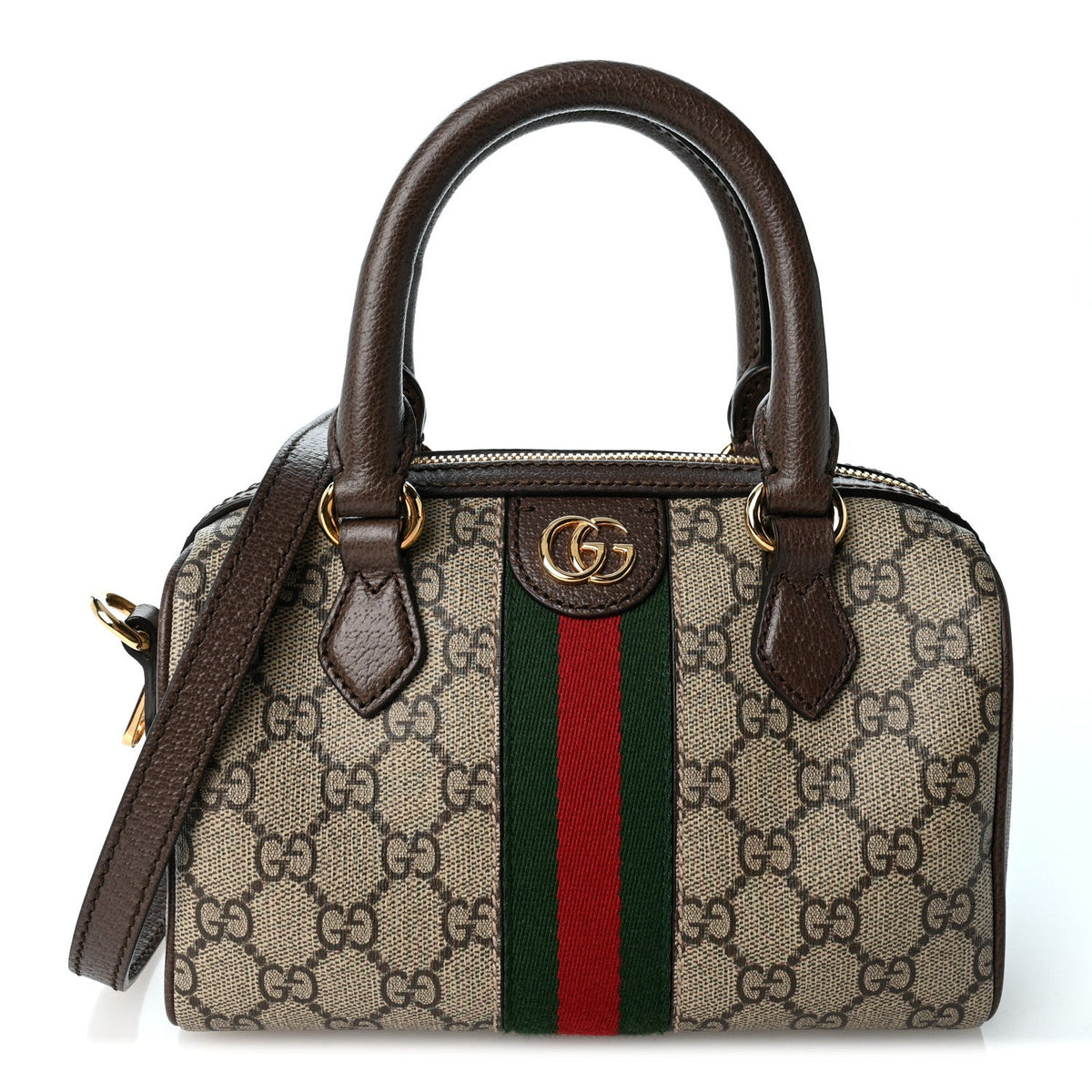 GG Supreme Monogram Textured Dollar Calfskin Web Mini Ophidia Top Handle Bag Beige Ebony New Acero