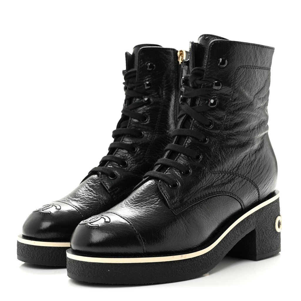 Shiny Crumpled Lambskin Lace Up Combat Boots 36 Black