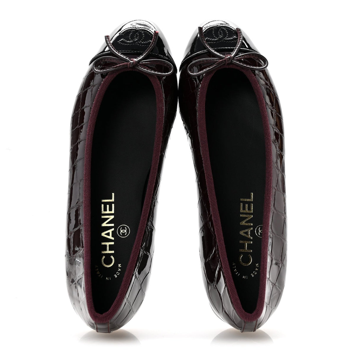 Crocodile Embossed Patent Cap Toe Ballerina Flats 36.5 Dark Burgundy Black