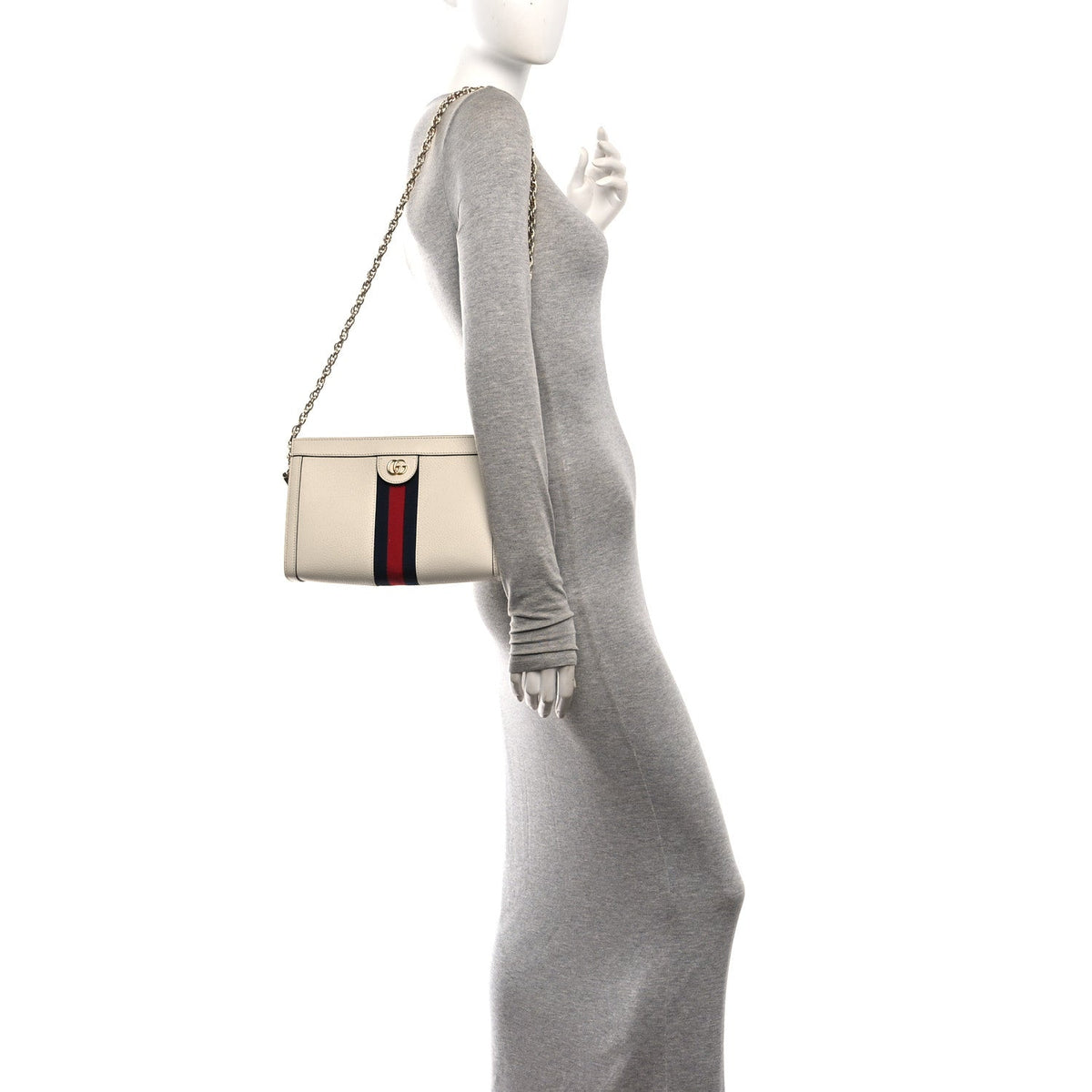 Textured Calfskin Web Small Ophidia Chain Shoulder Bag Mystic White