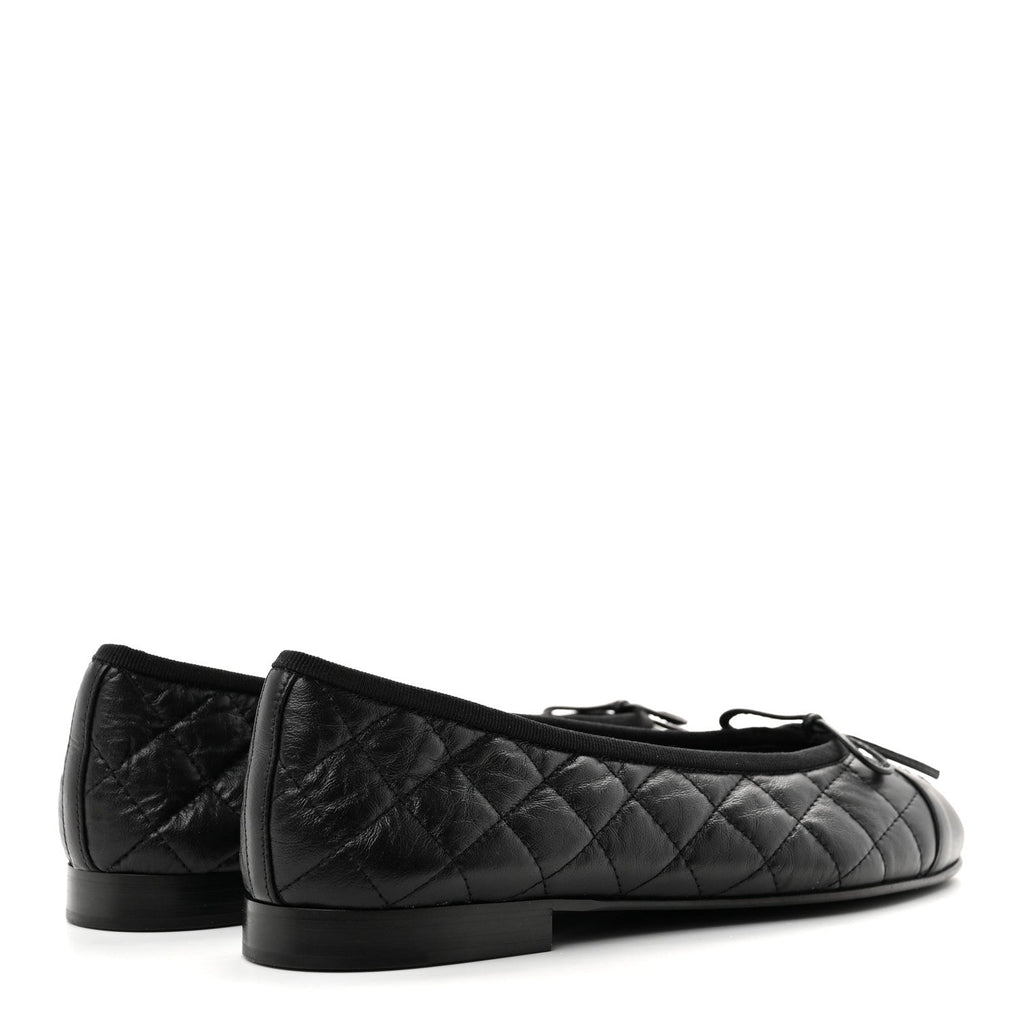 Aged Calfskin Quilted CC Cap Toe Ballerina Flats 38.5 Black