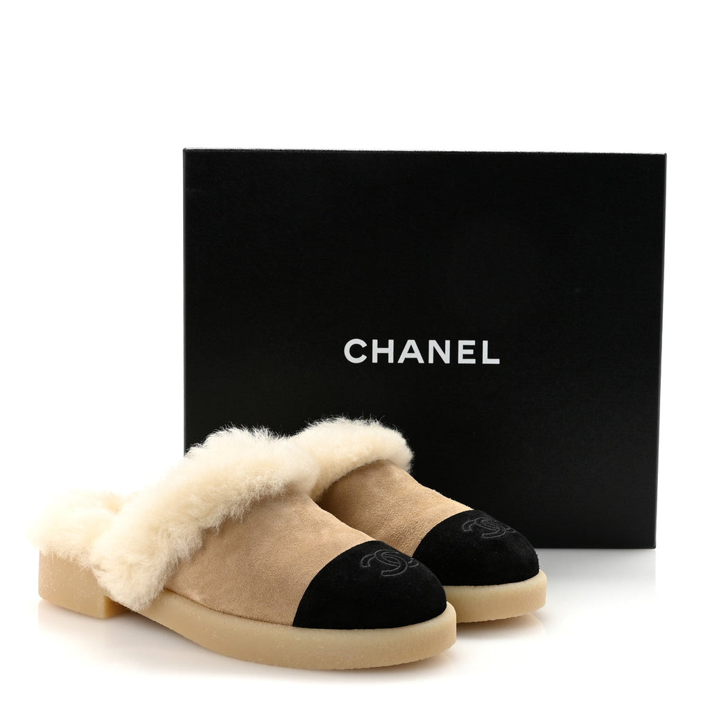 Suede Shearling CC Cap Toe Mules 36 Beige Black