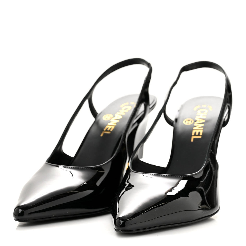 Patent Calfskin Slingback CC Cutout Pumps 40 Black
