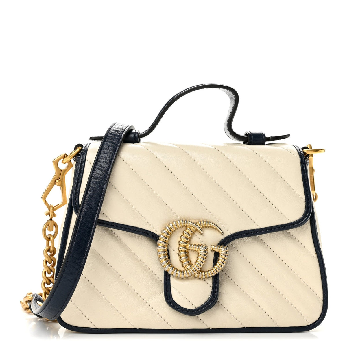 Vintage Effect Calfskin Matelasse Diagonal Mini Torchon GG Marmont Top Handle Shoulder Bag Mystic White Blue Agata