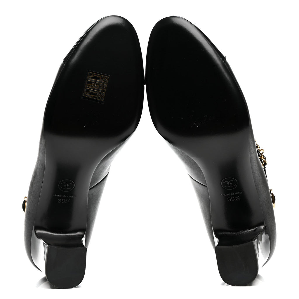Shiny Lambskin Patent Calfskin Cap Toe Ankle Pearl Chain Pumps 39.5 Black