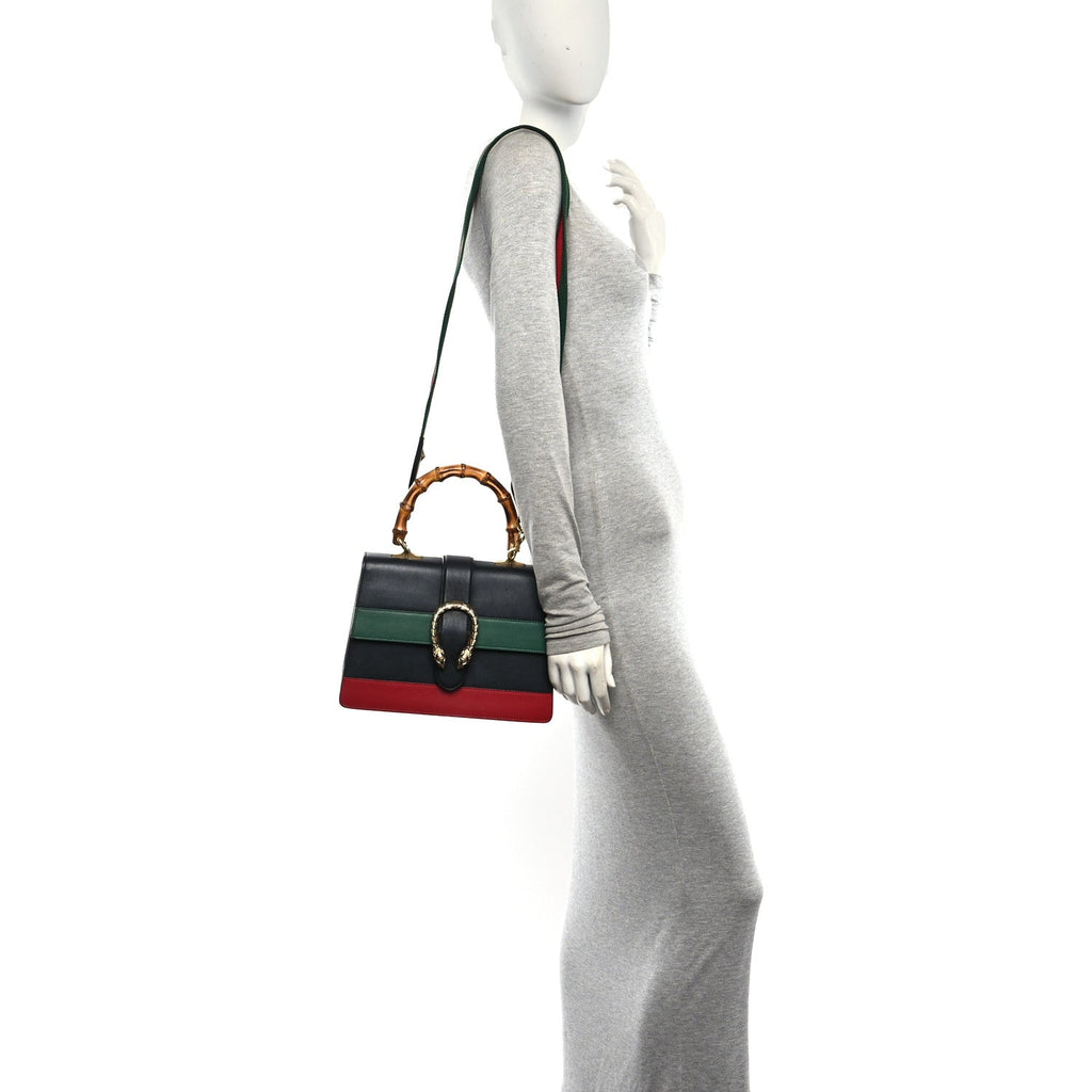 Moon Calfskin Bamboo Web Medium Dionysus Top Handle Bag Black Bright Evergreen Hibiscus Red