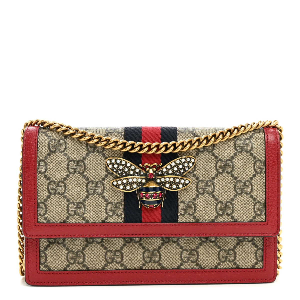 GG Supreme Monogram Web Queen Margaret Chain Wallet Red