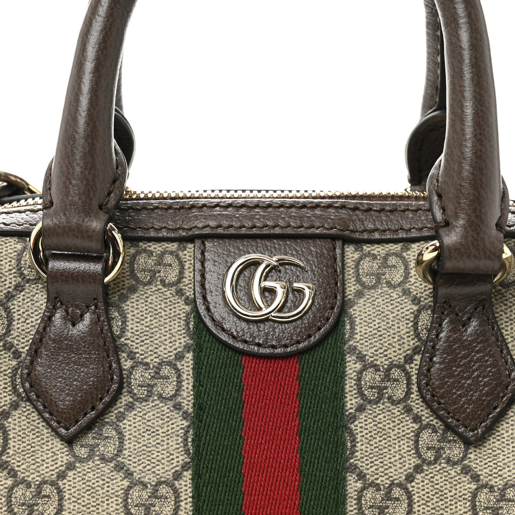 GG Supreme Monogram Textured Dollar Calfskin Web Mini Ophidia Top Handle Bag Beige Ebony New Acero