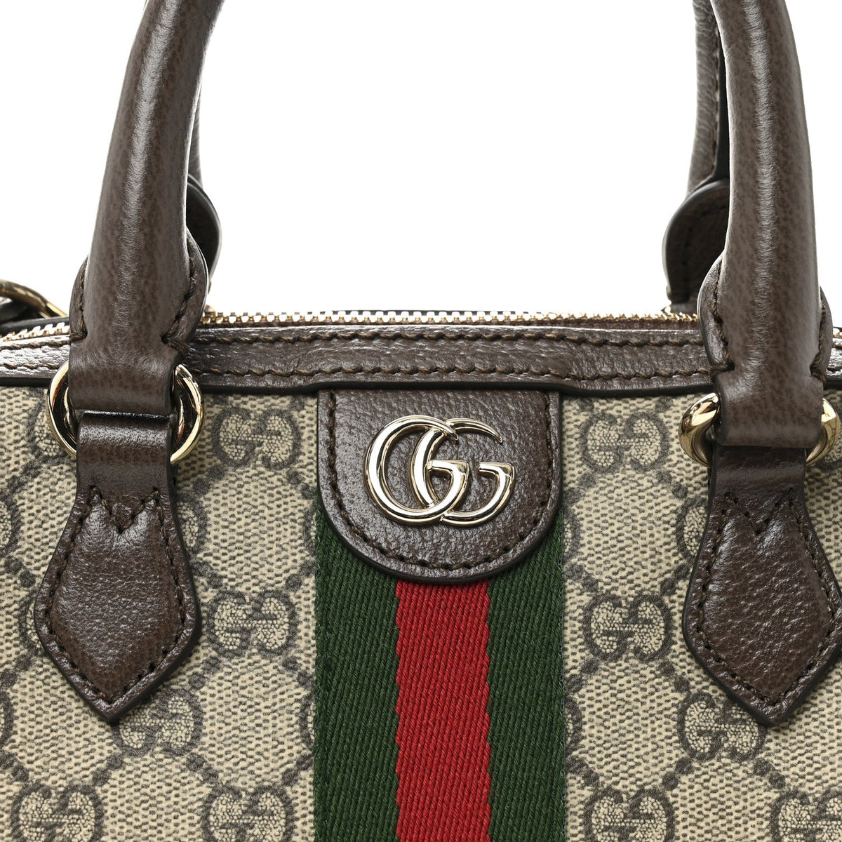 GG Supreme Monogram Textured Dollar Calfskin Web Mini Ophidia Top Handle Bag Beige Ebony New Acero