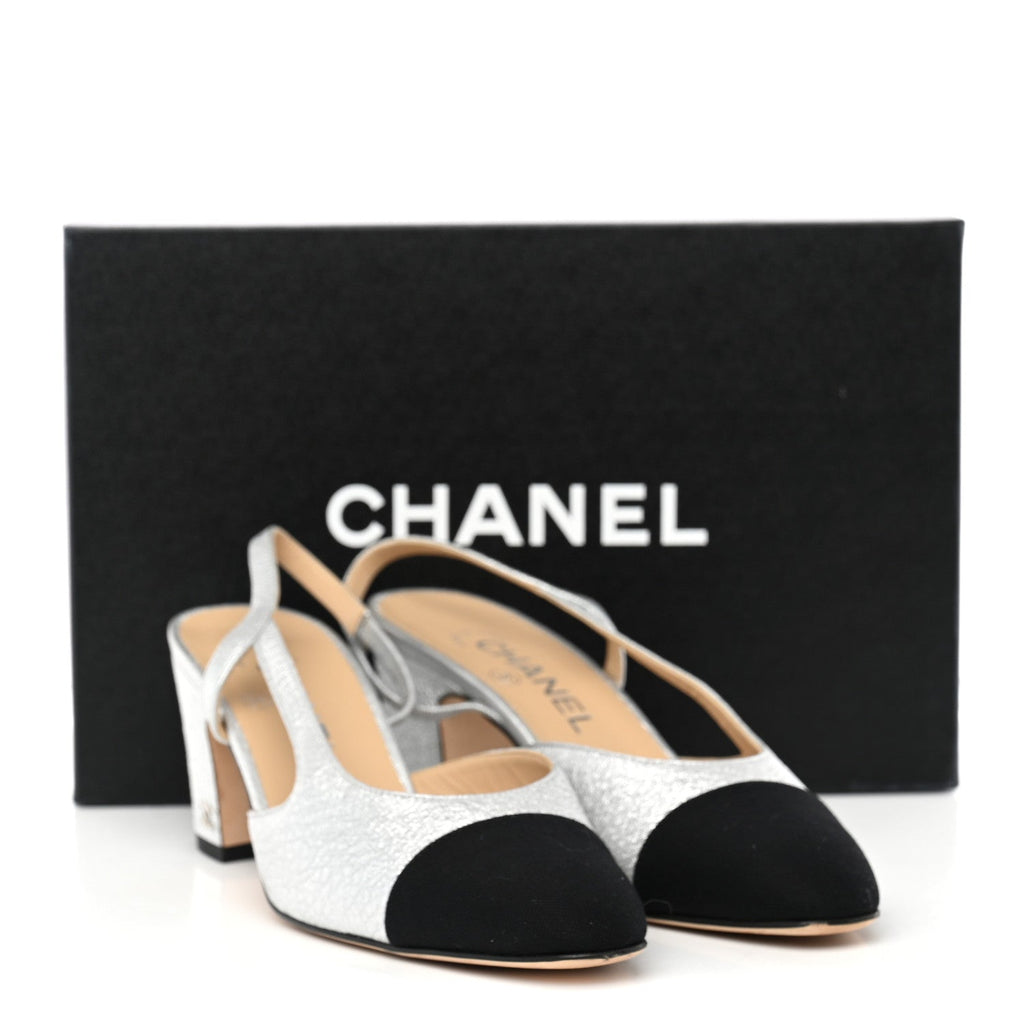 Metallic Lambskin Grosgrain Cap Toe CC Slingback Sandals 37.5 Black Silver
