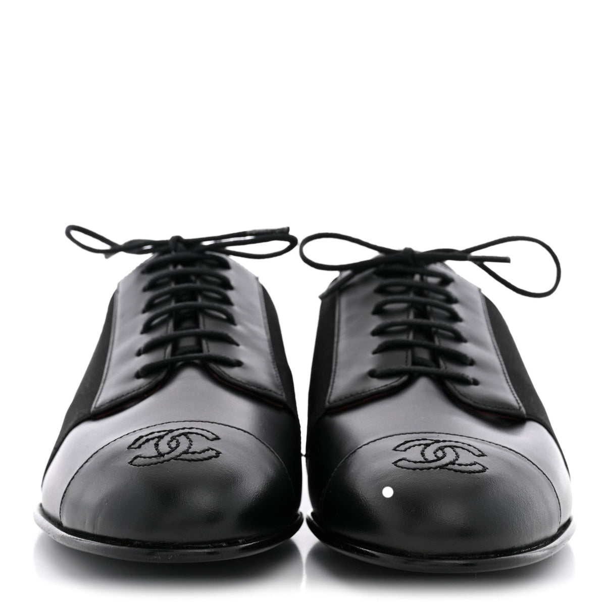 Calfskin Elastic Lace Up Cap Toe CC Loafers 36 Black