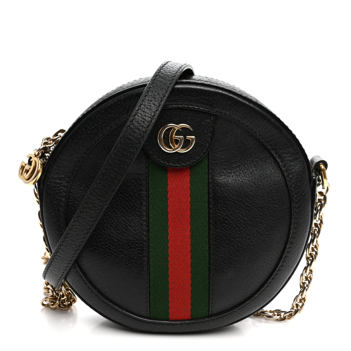 Grained Calfskin Web Mini Ophidia Round Shoulder Bag Black