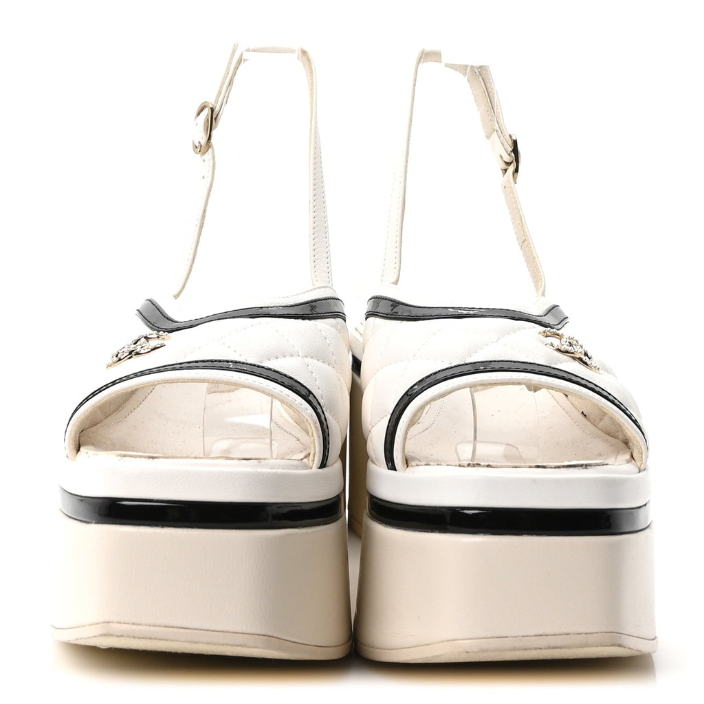 Lambskin Patent Quilted CC Platform Sandals 37.5 White Black