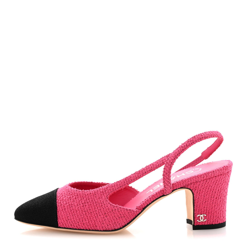 Tweed Grosgrain Cap Toe CC Slingback Pumps 37 Pink Black