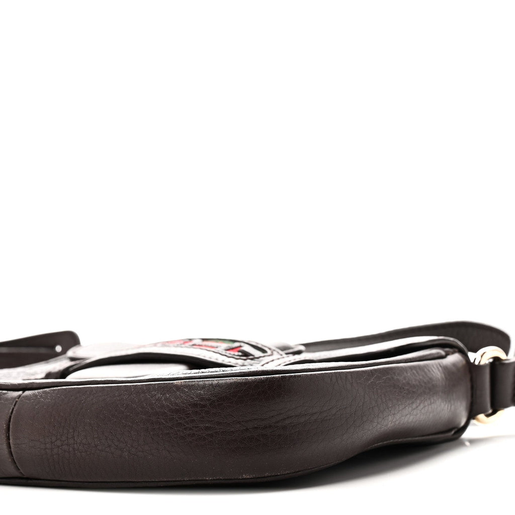Pebbled Calfskin Web Small Dressage Shoulder Bag Dark Brown