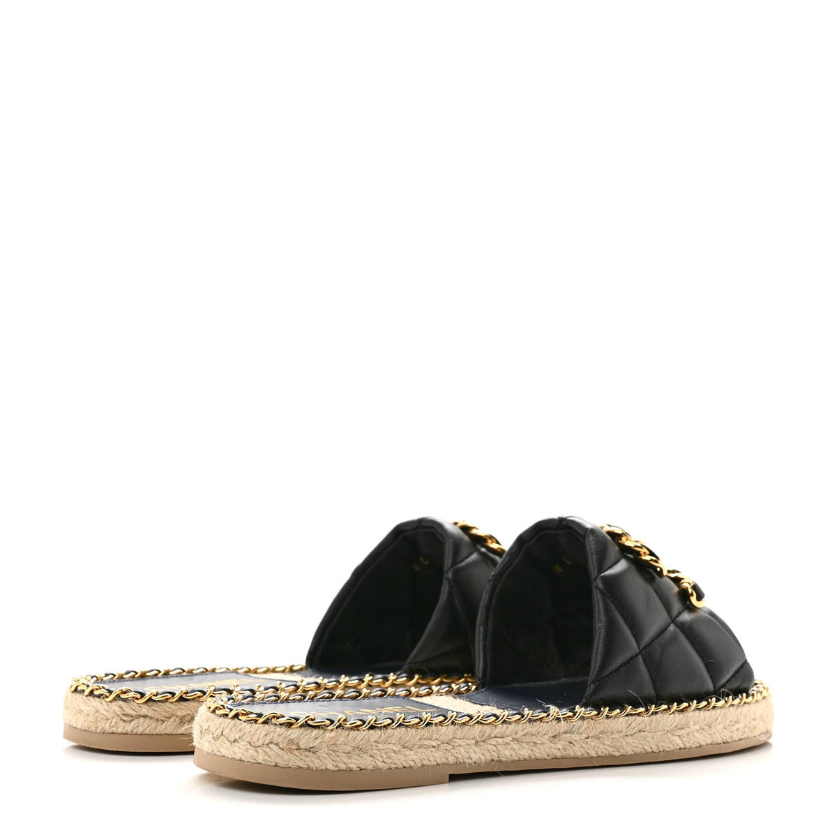 Lambskin Quilted CC Chain Espadrille Mules 38 Black Navy