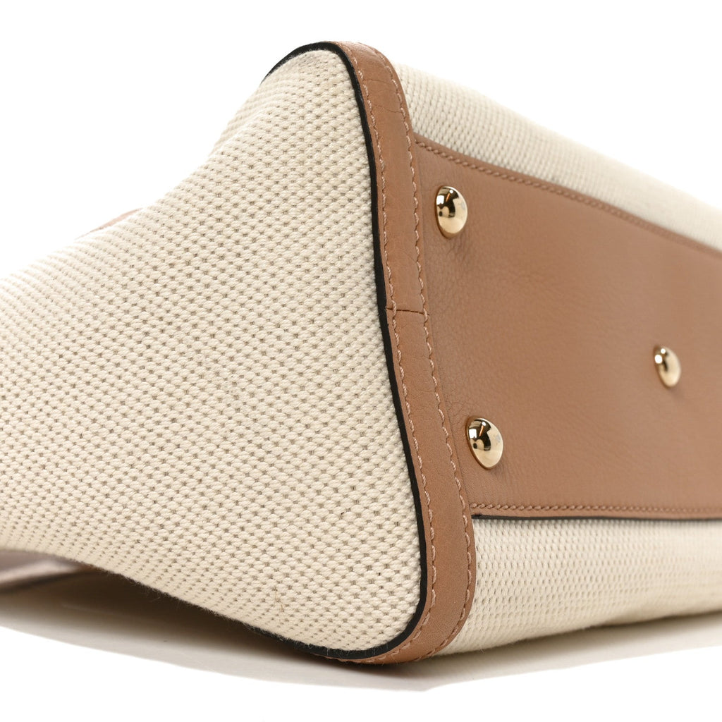 Linen Canvas Pebbled Calfskin Small Soho Top Handle Bag White Camelia